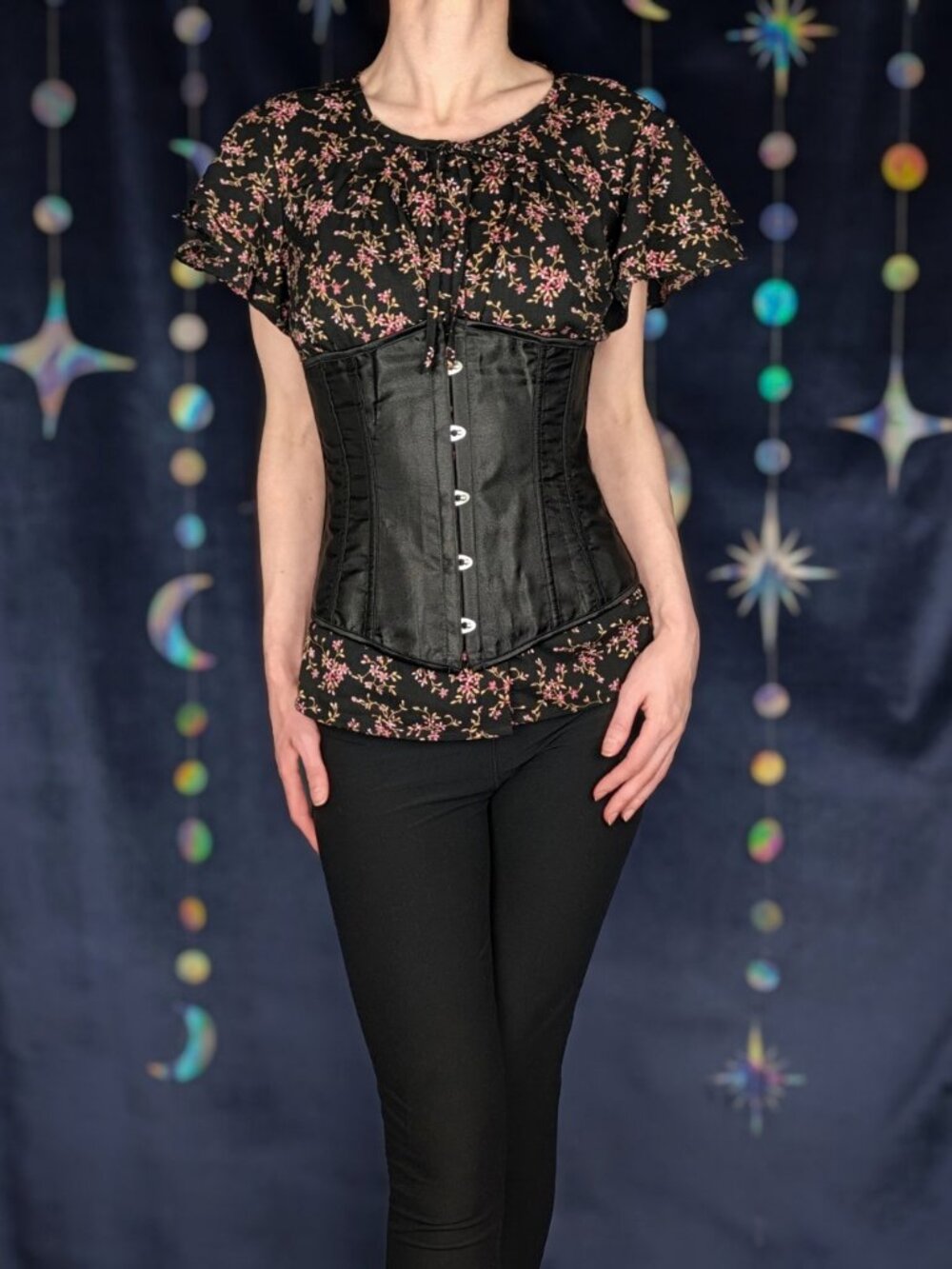 Unique Vintage Black Floral Ruffle Sleeve Tie-Neck Buttoned Blouse